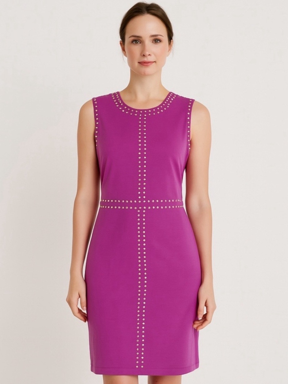 NWT Carmen Marc Valvo Mistral Violet Gold Studded Midi Dress Size 6
